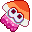 A pixel of a mini squid from splatoon with the colours of the lesbian flag.
