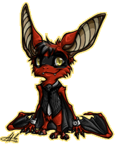 Art pf a red and black bat-like  creature. It has a black mask over its yellow eyes and a striped fancy outfit.