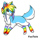Art of a blue sparkledog with a white underbelly. It has a rainbow wig and rainbow legwarmers.
