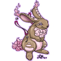Art of a brown and pink rabbit-like creature with pink, cloudy ear-tips and tail.