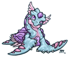 Art of a baby dinosaur/dragon like creature. It is blue with a pink underbelly and purple accents.