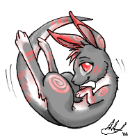 Art of a grey rabbit/kangaroo-like creature with red and light red markings and eyes.