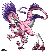 Art of a pink and white velociraptor-like creature with purple feathers across it's head and back.