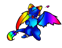 Art of a bright blue dragon with rainbow wings and tail-tip. It also has a rainbow bow on its head.
